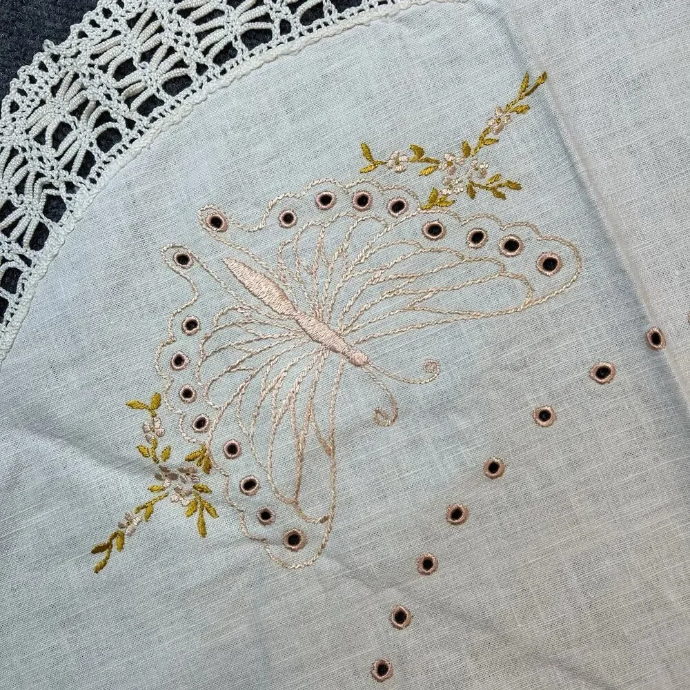 Vintage Embroidered Butterfly Doily Lace Edge Linen Table Topper Hand Made